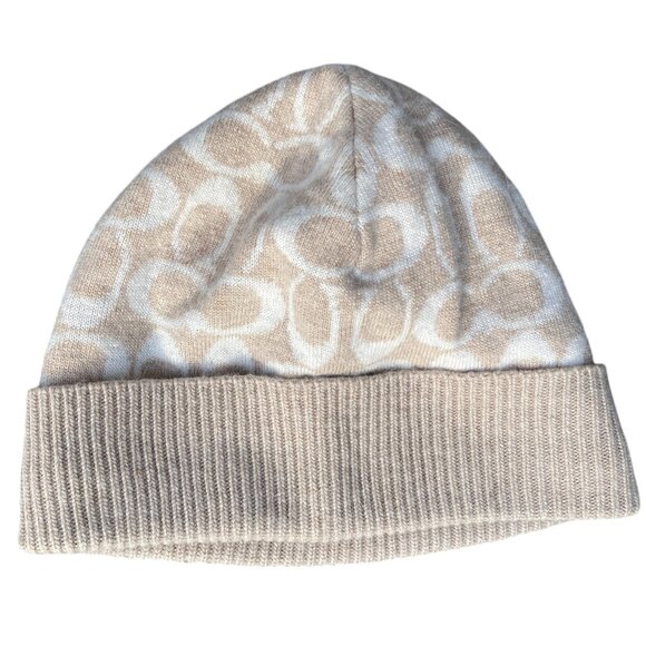 Coach Wool Cashmere Angora Signature Logo Hat Cream Tan Cuffed Beanie Winter - Picture 12 of 12